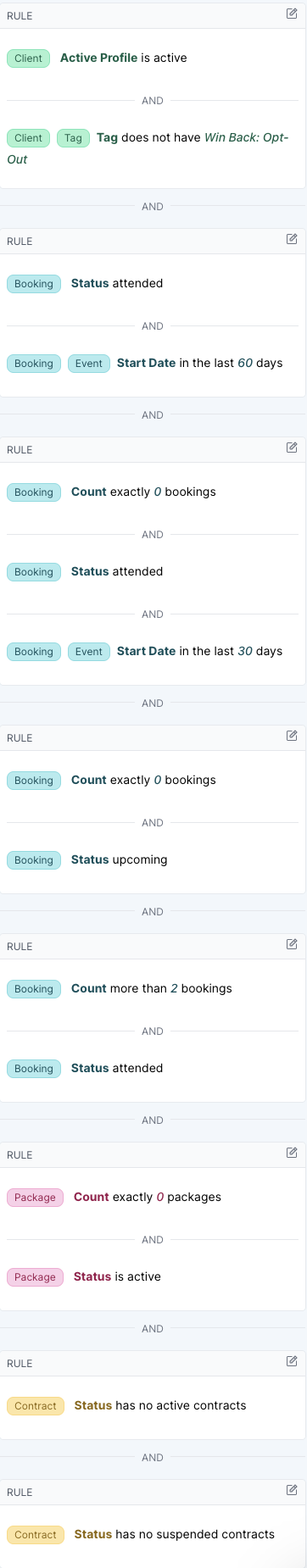 Win Back - Lapsed Client 30 Day segment